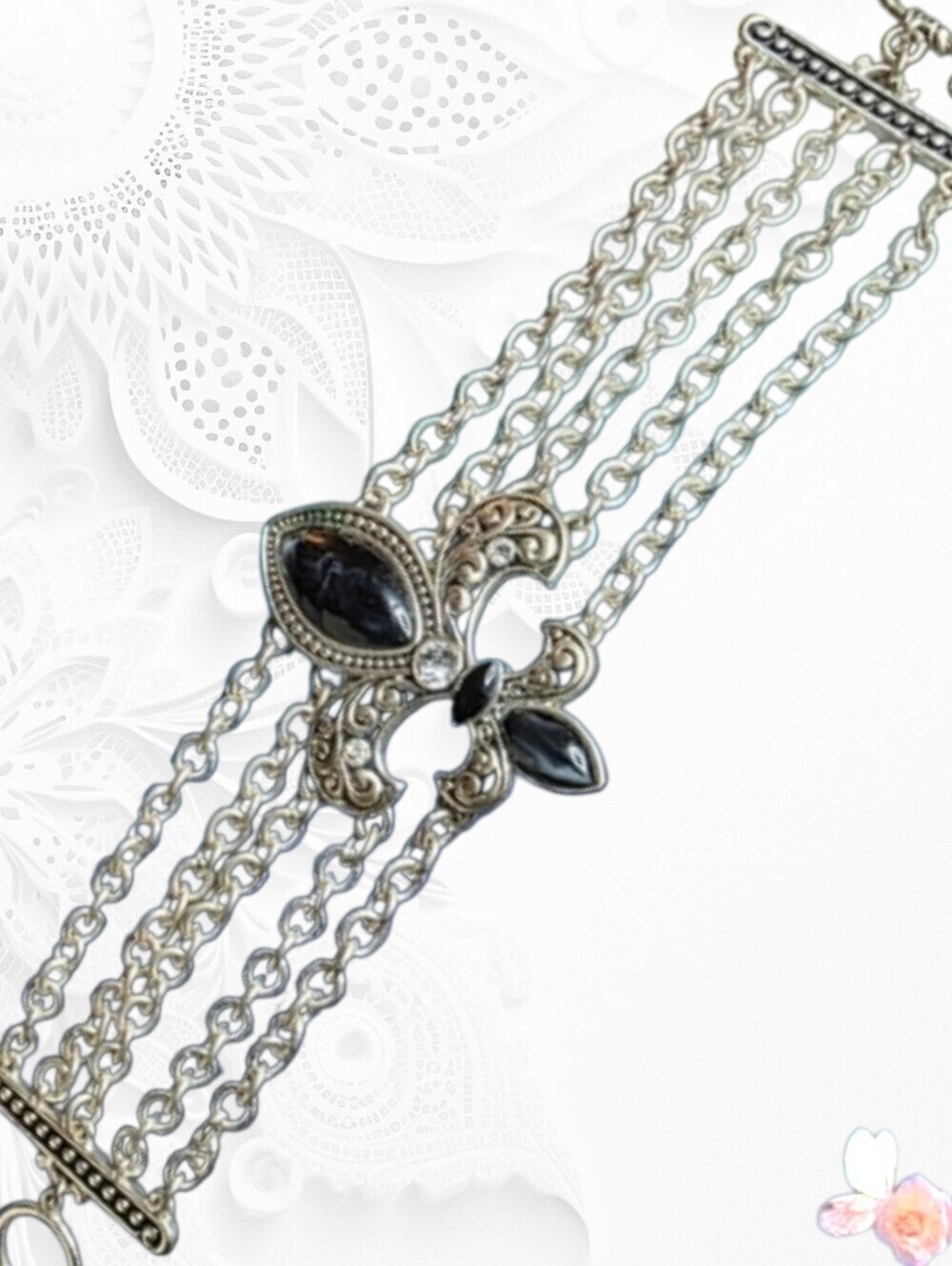 Vintage Black Glass Multi-Chain Bracelet Silver Tone Filigree Accent Black